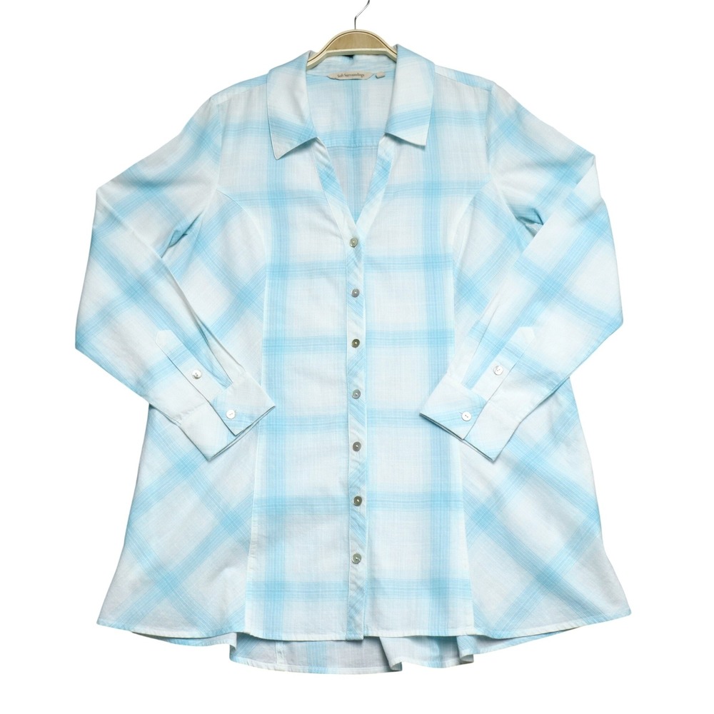 Soft Surroundings Plaid Button Cotton Tunic Shirt L Pastel Long Sleeve Pockets